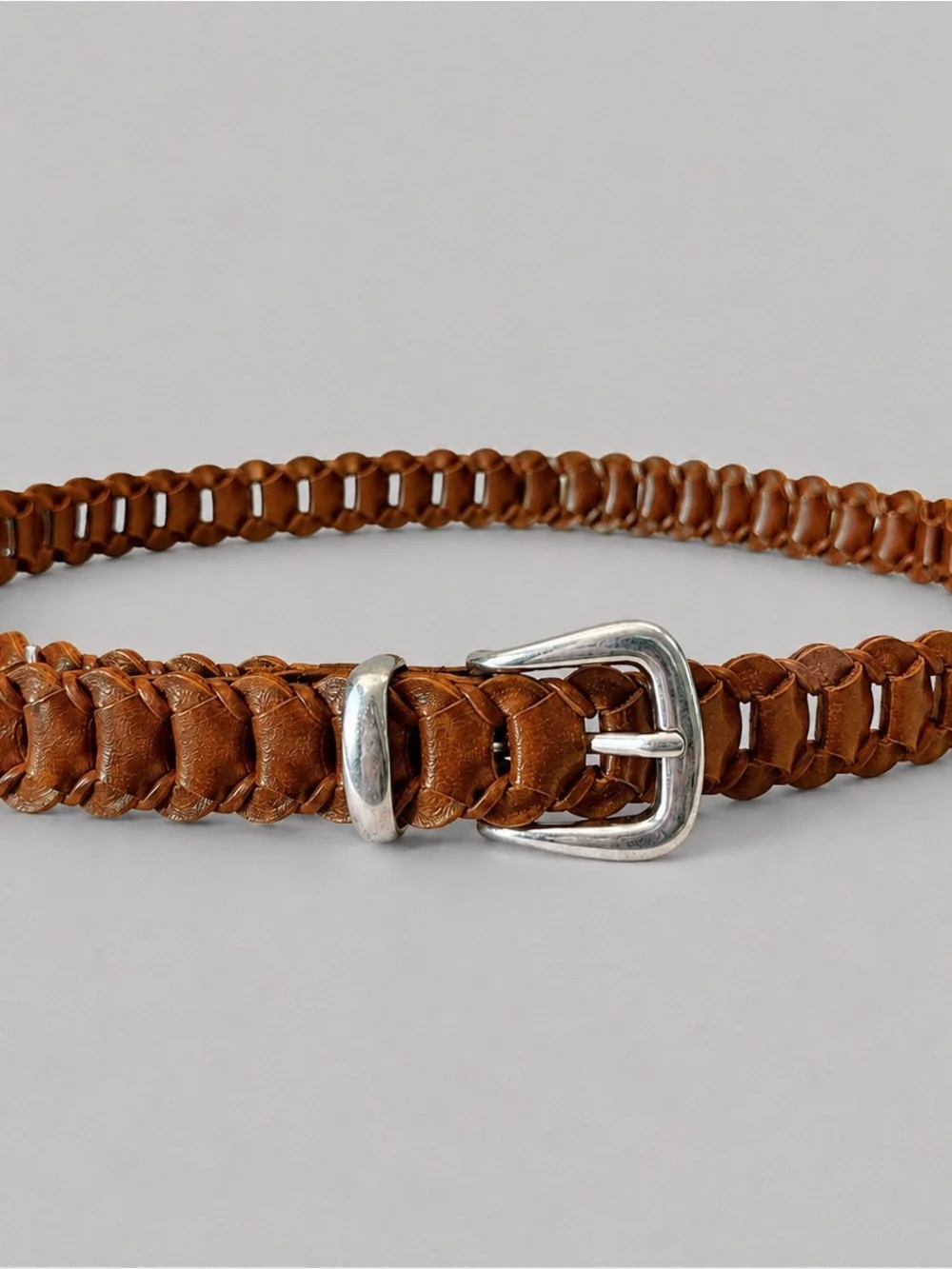 Hunt Club Cognac Women’s Brown Braided Buffalo Leather Belt Silver Tone Buckle L